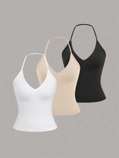 Sweetra Set de 3 camisetas sin espalda de cuello halter de unicolor y sexy