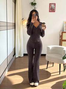 Rafferiza 2pcs Women Casual Hooded Sweatshirt With Pockets & Ribbed Flare Pants Set, Versatile For Daily Wear, Autumn/Winter - Mocha Brown - View 2