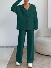 EURMUSE Women Solid Color Collar Neck Front Button Pocket Detailed Pullover & Sweater Pants Set,Winter Clothes - Dark Green - View 7