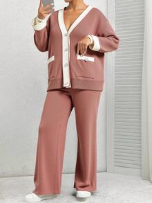 EURMUSE Ladies' Two Pieces Set Of Colorblock Cardigan With Rolled Edge And Drop Shoulder & Pants With Button Fly,Petite,Winter Clothes - Dusty Pink - View 3