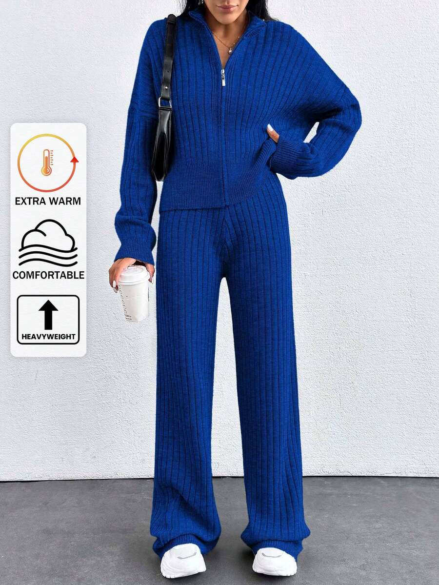 EURMUSE 落肩拉链开衫和针织裤 - 寶藍色 - 查看 1