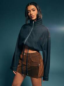 Denimoi 双腰分层天鹅绒牛仔迷你裙秋冬时尚性感时尚 - 棕色 - 查看 4