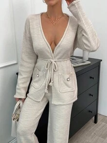 EURMUSE 2pcs/Set Knitted Long Sleeve Top With Pocket And Long Pants - Apricot - View 6