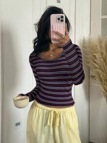 SHEIN EZwear 大码女式条纹圆领长袖休闲家居服T恤 - 彩色 - 查看 5