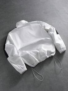 PAVTROS 男士休闲撞色字母图案立领长袖夹克，秋季男士拉链赛车黑白街头风夹克 - 黑與白 - 查看 2