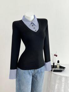 Elamini 女士休闲合身针织条纹衬衫