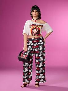 Betty Boop x SHEIN Plus Size Letter And Cartoon Figure Graphic Slant Pocket Casual Pants - Black - View 3