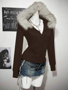 SHEIN ICON Women's Casual Retro Fitted Fur Collar Hooded Regular Jacket Autumn Winter Clothes For Women