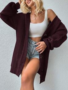 EURMUSE 1pc Women's Casual Daily Loose Single Button Drop Shoulder Cardigan, Autumn/Winter - Red Violet - View 3