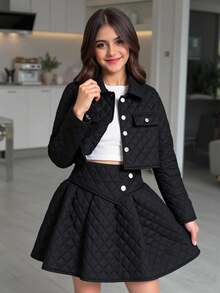 SHEIN 2pcs Teenage Girls Thicker Rhombus Pattern Long Sleeve Jacket And Skirt Casual Suit, Black Color, Autumn Winter New Arrival