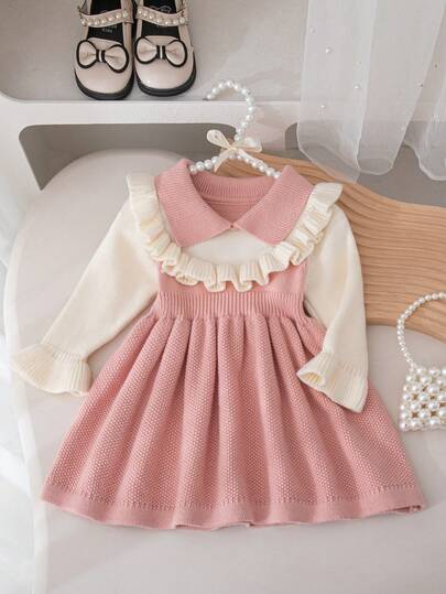 SHEIN Playful Pals 女婴可爱休闲拼色毛衣裙