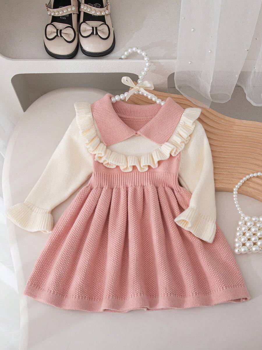 SHEIN Playful Pals Vestido de suéter casual con bloques de color para niñas bebé - Rosa Pálido - Ver 1