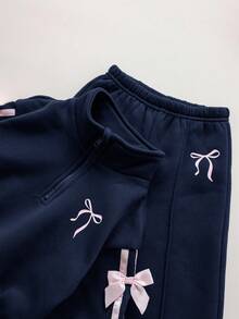 SHEIN Babygirl Cute Versatile Gray Bow Collar Sweatshirt Set, Autumn/Winter Autumn And Winter Two Pieces Suit Baby Girl Winter Clothes Baby Girls Sets Baby Girl Tracksuit Girls Two Pieces Set Two Pieces Winter Outfits For Baby Girl - Navy Blue - View 5