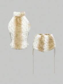 ROMWE Hippie Bộ 2 áo crop top Y2K cổ điển và quần short lông cạp thấp dành cho nữ, mùa thu/đông - màu nâu - Xem 1