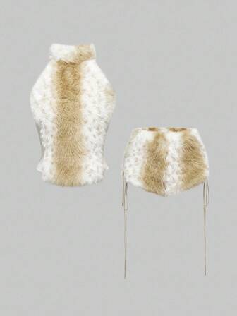 Hippie 2 pezzi Set di top corto e pantaloncini pelosi a vita bassa in stile Y2K, per autunno/inverno