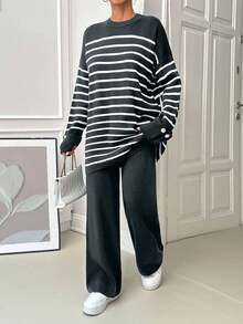 EURMUSE Women Stripe Pattern Round Neck Drop Shoulder Pullover & Sweater Pants Set,Petite Co Ord,Co Ord,Petite,Winter Clothes - Dark Grey - View 5