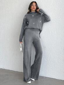 SHEIN Tall Women's Pearl Beaded Knit Sweater 2pcs/Set,Petite Co Ord,Co Ord,Petite,Winter Clothes, Tall Women - Light Grey - View 4
