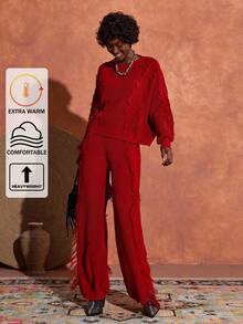 Bóhologie Cozy Yet Chic Fringe Drama Knit Co-Ord – Red Textured Sweater And Wide-Leg Pants Set,Petite,Winter Clothes