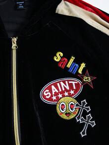 ROMWE MEN Street Life 男士拼色天鹅绒连帽卫衣，长袖街头卫衣 - 黑色 - 查看 6