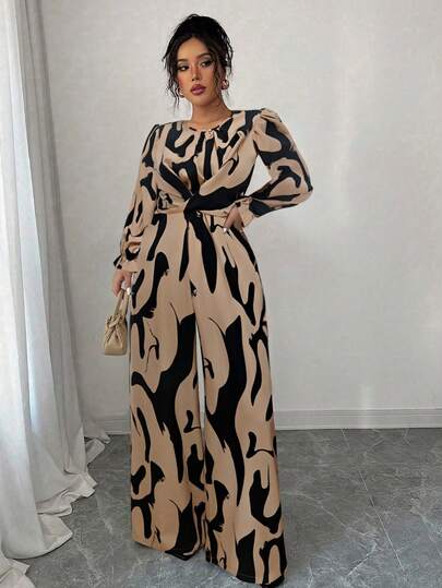 SHEIN Elenzya Mono de manga larga con cuello redondo, lazo cruzado y estampado integral para mujer de talla grande, casual y versátil para otoño/invierno