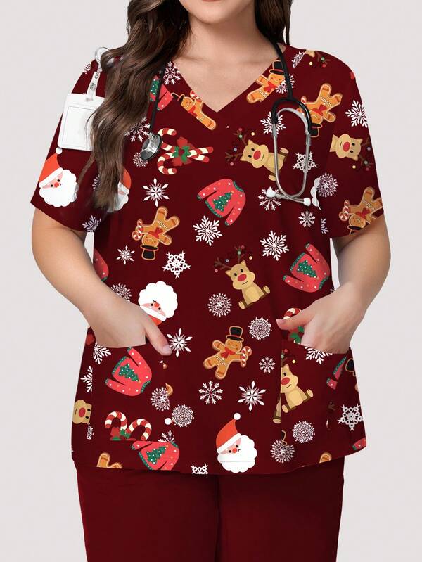 PopScrub Plus Size Women's V-Neck Short Sleeve Scrub Top With Pockets, Ear Loop, And Side Slit, Christmas Element Pattern