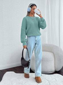 EURMUSE 女士纯色圆领落肩厚实套头衫 - 薄荷綠 - 查看 5