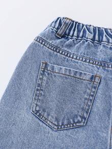 SHEIN ChillGRL 青少年女孩牛仔工装阔腿裤，时尚街头时尚休闲运动风格，适合上学、度假，黑色 + 粉色爱心 + 英文印花，可爱甜美 - 淺色水洗藍 - 查看 6