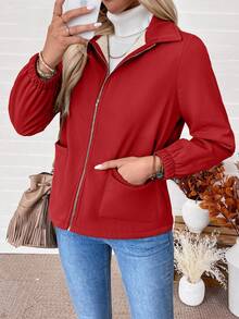 EMERY ROSE 女式保暖内衬拉链领夹克，秋冬 - 紅色 - 查看 6
