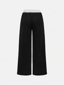 SHEIN Set de 2 piezas: Camiseta de manga larga de color negro sólido y pantalón de chándal de color contrastante para adolescentes, conjunto básico y versátil adecuado para ir al trabajo, la escuela, uso diario casual, viajes, actividades al aire libre, fiestas, otoño/invierno