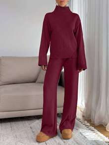 EURMUSE Women Relaxed Fit Turtle-Neck Sweater With Rib Knit Detailed And Straight Knit Pant Set,Co Ord,Winter Clothes - Burgundy - View 6