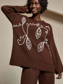 Bóhologie 2pcs Women Embroidered Sweater & Knitted Pants Set, Autumn/Winter Brown Outfits For Women,Co Ord,Petite - Coffee Brown - View 5