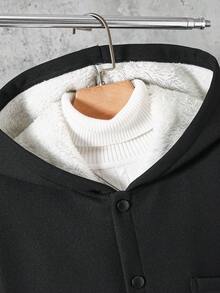 1pc Hooded Casual Thermal Lined Shacket For Teens, Pocket Decor, Suitable For Autumn/Winter Outdoor Activities - Black - View 4