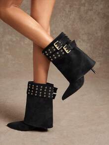SHUZIA Sepatu Bot Wanita Seksi dengan Hiasan Gesper, Ujung Lancip, Hak Stiletto, Bahan Suede Imitasi, Panjang Setengah Betis - Hitam - View 2