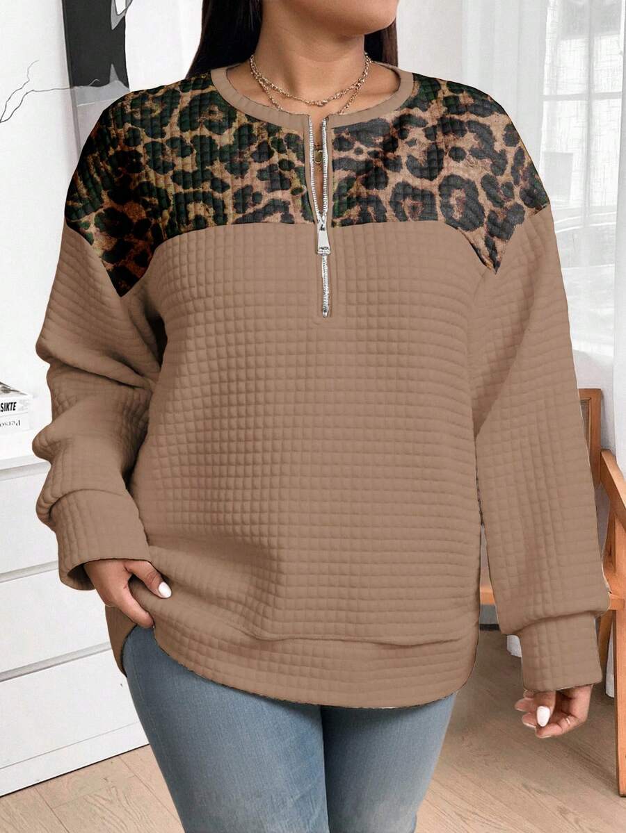 SHEIN LUNE 复古豹纹休闲宽松卫衣卫衣，适合秋冬 - 彩色 - 查看 1