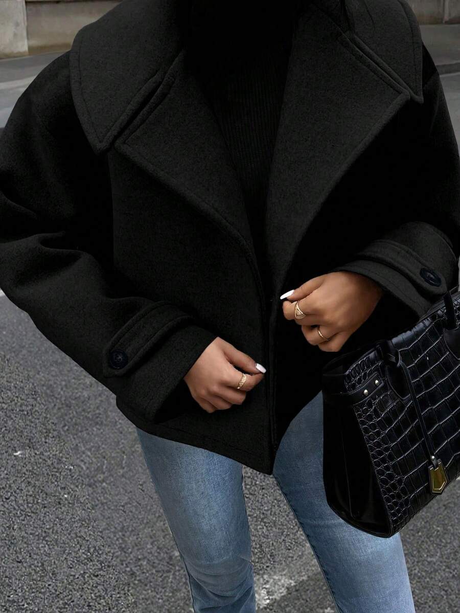 EMERY ROSE Women's Oversized Lapel Decorated Button Long Sleeve Casual Loose Overcoat Fall Winter Cloth For Women - Black - View 1