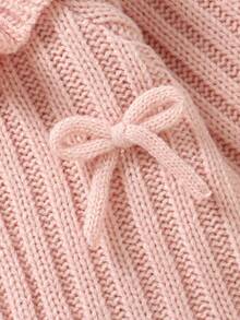 Pelele de suéter para bebé niña, con cuello y bajo con volantes, decorado con lazo 3D de manga larga, pelele de punto rosa para bebé niña, conjunto de punto rosa para bebé niña, pelele de volantes rosa con lazo para bebé, ropa de bebé melocotón, pelele rosa para bebé niña, conjunto de punto para bebé niña, suéter de bebé niña, ropa de bebé neutra recién nacida, pelele casual de bebé, ropa de bebé cálida de 0 a 3 meses para niña en invierno - Rosa Pálido - Ver 5