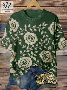 Linhara كنزة صوفية كاجوال قصيرة الأكمام مطبوعة بطبعات عشوائية للنساء ذوات الحجم الكبير، بياقة مستديرة وتريكو ملون، مناسبة للخريف والشتاء