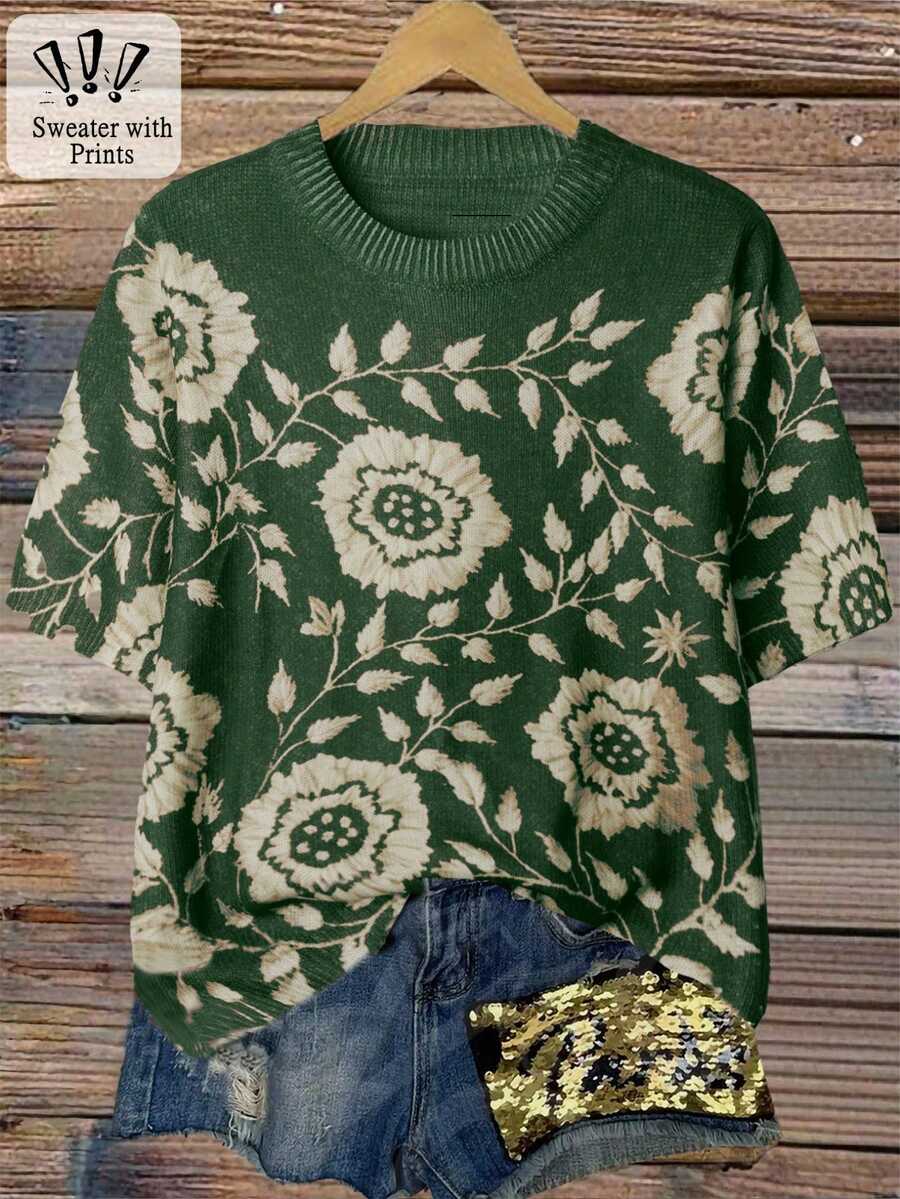 Linhara كنزة صوفية كاجوال قصيرة الأكمام مطبوعة بطبعات عشوائية للنساء ذوات الحجم الكبير، بياقة مستديرة وتريكو ملون، مناسبة للخريف والشتاء