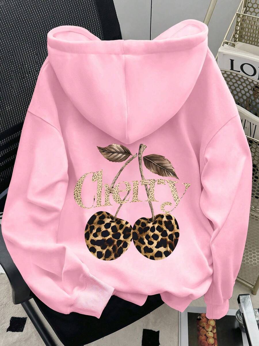 SHEIN 女士豹纹樱桃图案落肩卫衣 - 粉色 - 查看 1