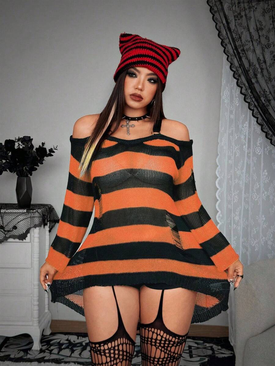 SHEIN Whyspr 宽松舒适镂空破洞圆环带毛衣，女士薄款条纹短款露肩中长款 - 彩色 - 查看 1