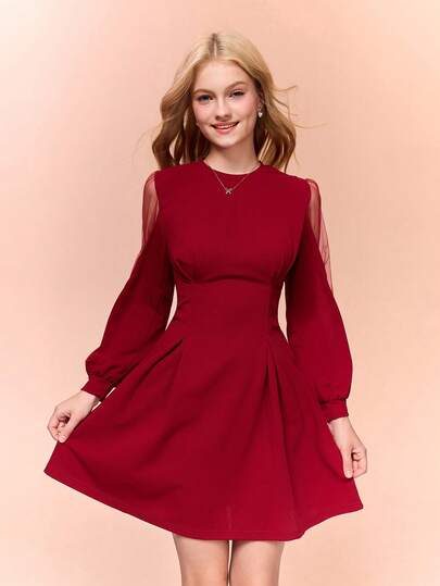 SHEIN Elegant Knitted Round Neck Mesh Puff Sleeve Fitted Dress, Casual Outdoor Party Cocktail Dress For Teenage Girls, Spring/Autumn
