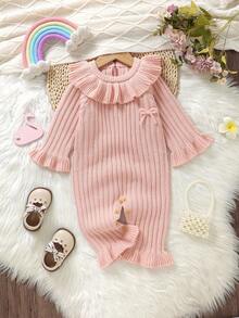 Pelele de suéter para bebé niña, con cuello y bajo con volantes, decorado con lazo 3D de manga larga, pelele de punto rosa para bebé niña, conjunto de punto rosa para bebé niña, pelele de volantes rosa con lazo para bebé, ropa de bebé melocotón, pelele rosa para bebé niña, conjunto de punto para bebé niña, suéter de bebé niña, ropa de bebé neutra recién nacida, pelele casual de bebé, ropa de bebé cálida de 0 a 3 meses para niña en invierno - Rosa Pálido - Ver 3