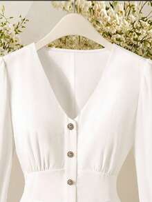 Franclia V 领褶饰前扣衬衫，荷叶边袖口，优雅设计，适合春秋季节 - 白色 - 查看 3