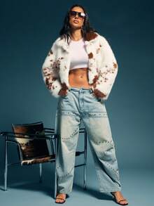 Denimoi Abrigo corto de mujer con manga larga y cuello de piel sintética - Blanco - Ver 3