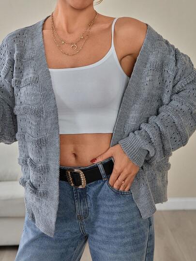 EURMUSE Women Solid Color Tassel Detailed Hollow Out Cardigan