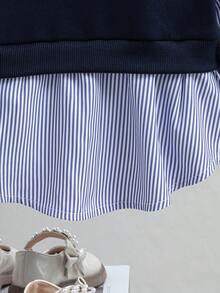 SHEIN 少女休闲字母图案条纹拼布卫衣，秋季 - 藍色 - 查看 3