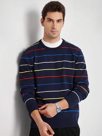 Manfinity CityGents Suéter de cuello redondo de manga larga de moda casual de hombre con rayas, suéter de hombre, parte superior de punto de hombre, ropa de hombre, tops de punto de hombre, jersey para hombre, ropa de hombre de cachemira, ropa de hombre en línea para otoño e invierno