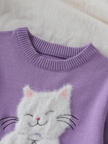 SHEIN Vintaside Kids Girls Toddlers Knitted Sweater Dress For Back-To-School,Autumn Adorable Fluffy Kitten Cartoon Baby Purple Jumper For School,Baby Soft Cat Outfit - Purple - View 4