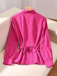 Franclia Women's Casual/Office Commute Equestrian Embroidery Elastic Drawstring Long Sleeve Shirt, Spring/Autumn - Hot Pink - View 2