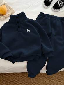 Genkimix Kids 2件套Genkimix 小男孩刺绣飞马半拉链休闲纯色上衣+纯色休闲慢跑裤套装